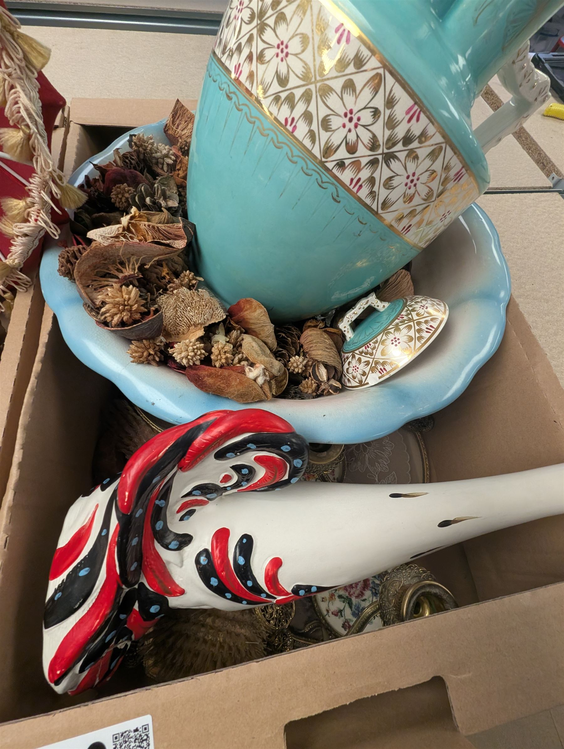 Japanese tea service, wash jug and bowl, Metamec mantle clock, table lamp with shade, and other ceramics and collectables, in four boxes