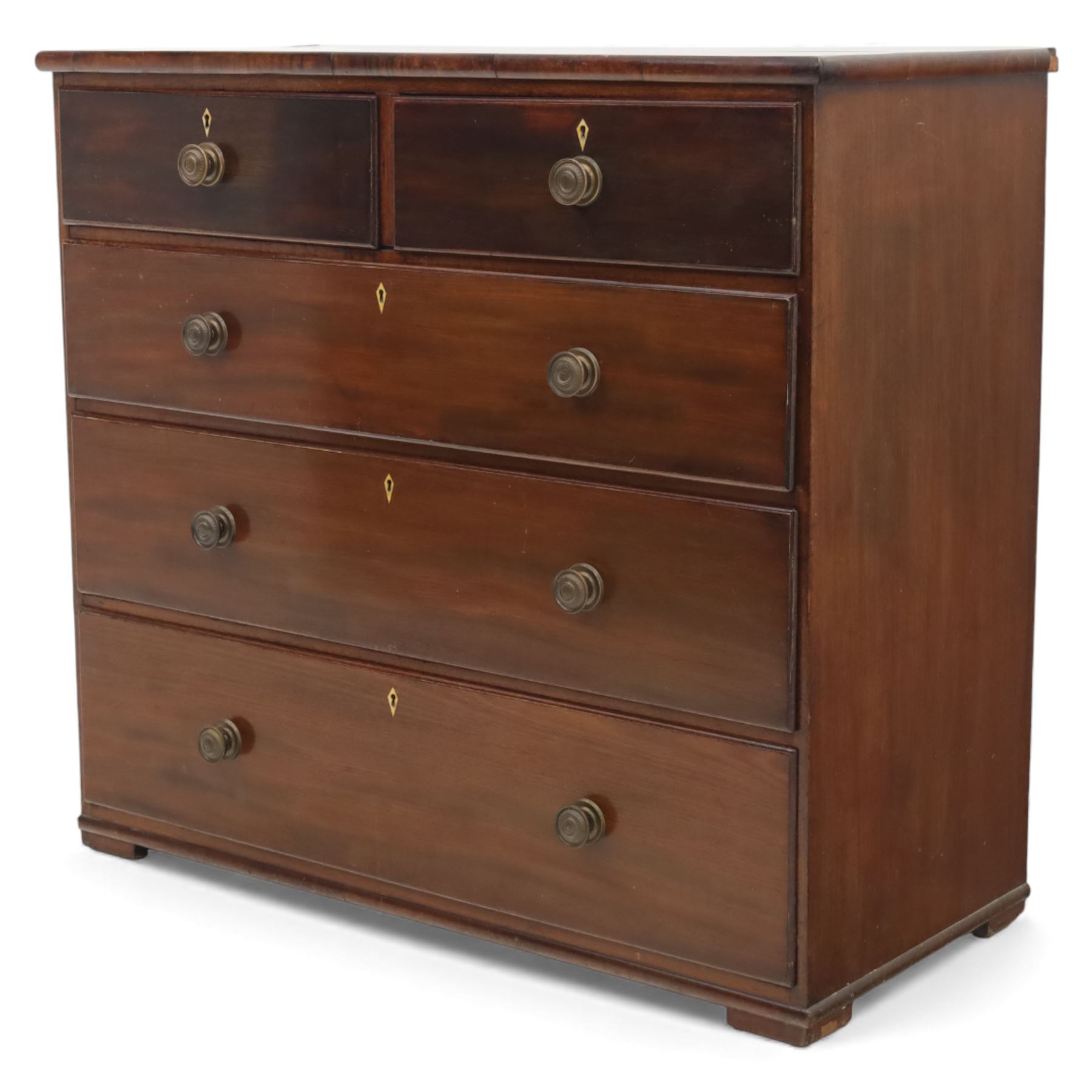 19th century mahogany chest, with a rectangular top over two short and three long graduated drawers fitted with turned knobs and bone escutcheons, raised on shaped bracket feet