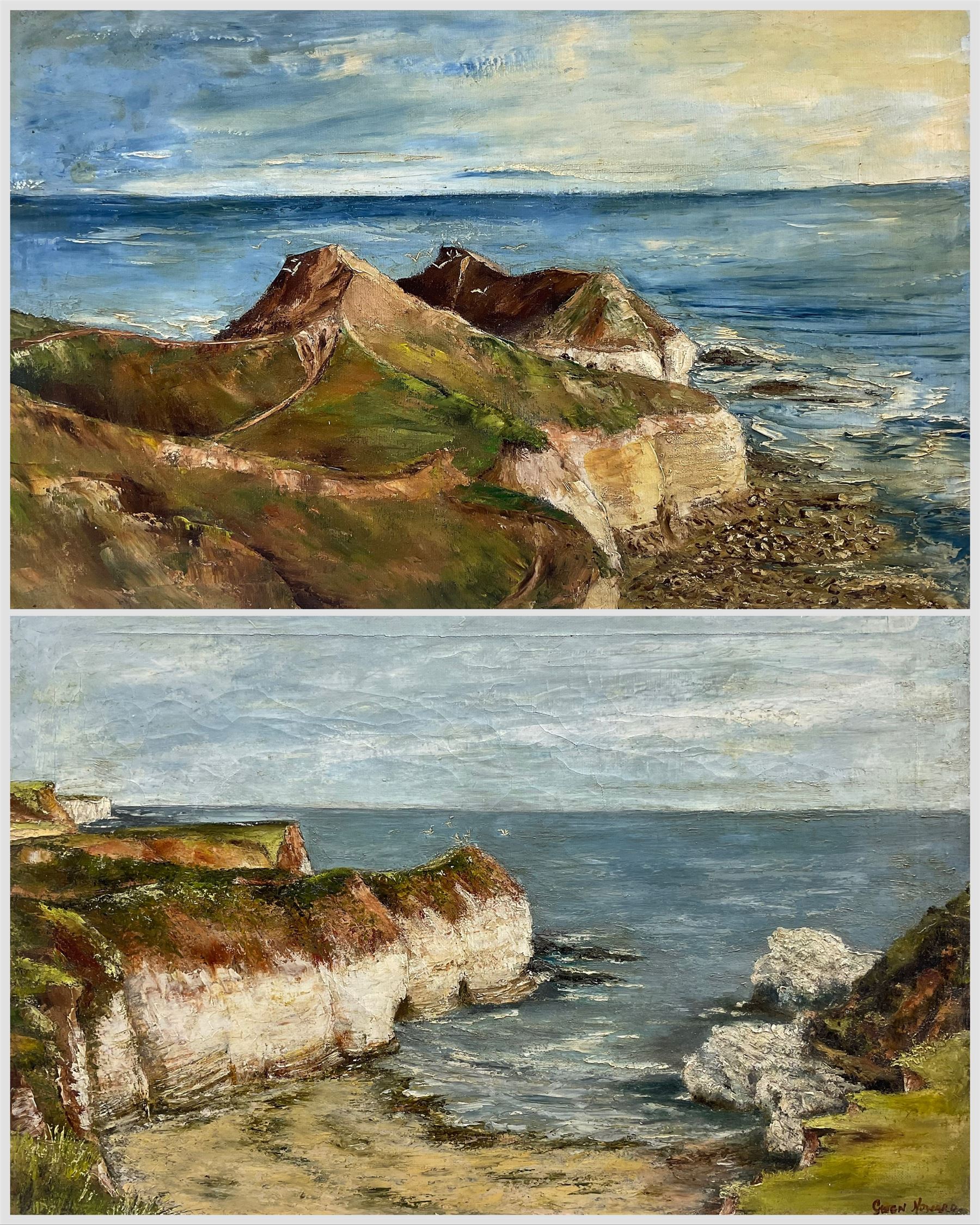 Gwen Howard (British 20th Century): North Landing and Thornwick Bay - Flamborough, pair oils on canvas signed 39cm x 59cm (2)