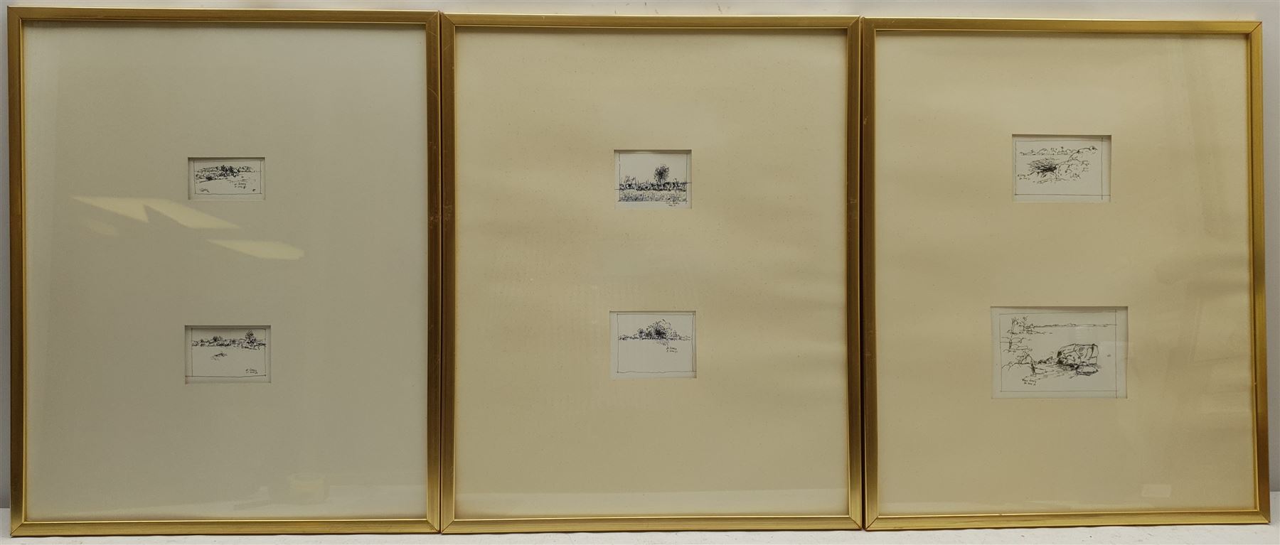 Hans Åsberg (Swedish 1932-): Landscape Sketches, set six miniature pen and inks framed as three signed and dated '81, max 9cm x 14cm (3)