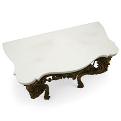 Late 19th to early 20th century giltwood and gesso console table with marble top, shaped white marble top, the base with pierced front decorated with shells and trailing leafy branches with flower heads, on cabriole supports with shell decorated knees, scrolled feet with acanthus leaf terminals 