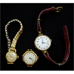 9ct gold manual wind wristwatch, Glasgow import marks 1924 on leather strap, 9ct gold cased watch hallmarked and a Tissot gold-plated ladies wristwatch on expandable strap