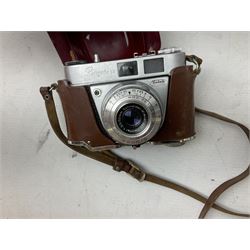 Cameras and camera equipment, including Kodak Retinette 1A, Polaroid J33 land camera, Kodak Colour snap 35, Agfa Isola I, three tripods etc,  