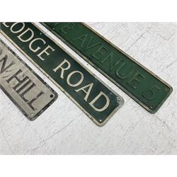 Three aluminium street name signs, 'High Greave Avenue 5' L145cm, 'Oak Lodge Road' L123 and 'Acorn Hill' L77cm