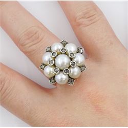 Gold and silver cultured white pearl and rose cut diamond flower head cluster ring, stamped 585
