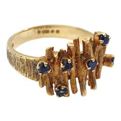 9ct textured gold abstract design ring set with sapphires, London 1970