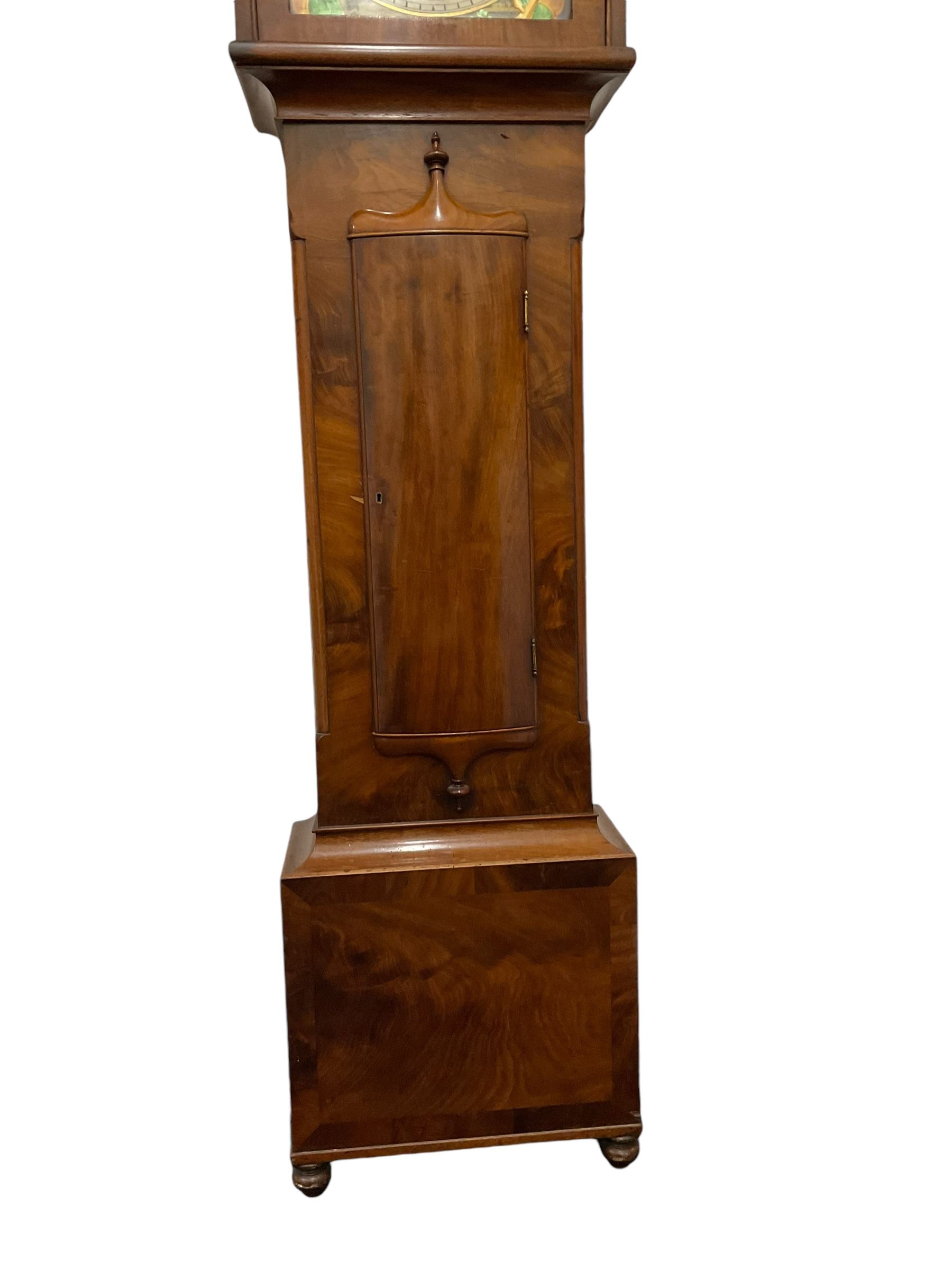 John Cameron & Son of Kilmarnock - late 19th century mahogany longcase clock c1870, with a flat topped pediment and blind frieze beneath, rectangular break arch hood door and sound frets to the hood sides, trunk with canted corners and a convex door with cushion mouldings, on a square plinth raised on turned bun feet, painted dial with a depiction of the abdication of Mary Queen of Scots to the arch and the four regions of the united Kingdom to the spandrels, with Roman numerals, minute track, date and seconds dials and stamped brass hands, dial pinned to a rack striking movement, striking the hours on a bell. With weights and pendulum. 