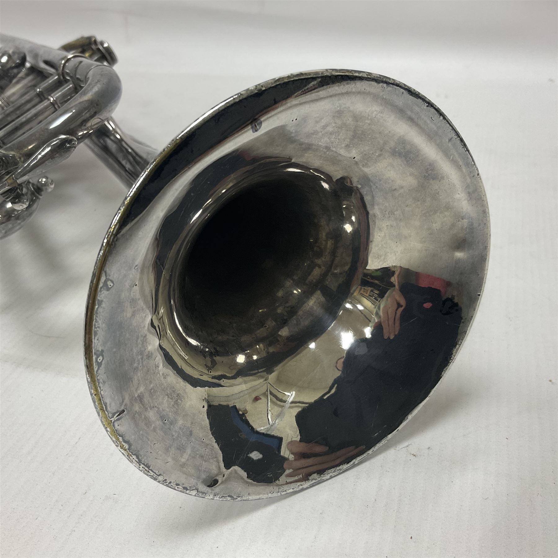 Victorian Class A silver plated trumpet retailed by Kitchen & Co,29 Queen Victoria Street Leeds, 1897 with mouthpiece/slide and in its original felt lined box
