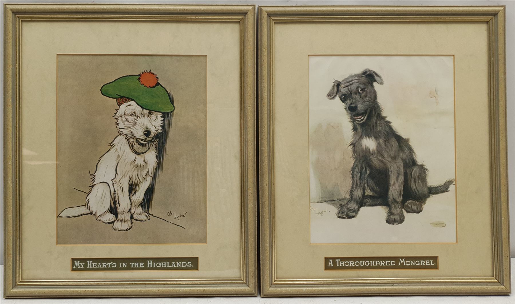 After Cecil Aldin (British 1870-1935): 'Rook Shooting at Dingley Dell', chromolithograph from the 'Pictures from Pickwick' series pub. Lawrence and Jellicoe 29cm x 39cm; 'Trouble Ahead', chromolithograph pub. Lawrence and Jellicoe 29cm x 36cm; 'My Heart's in the Highlands' and 'A Thoroughbred Mongrel', pair reproduction prints 25cm x 19cm (4)