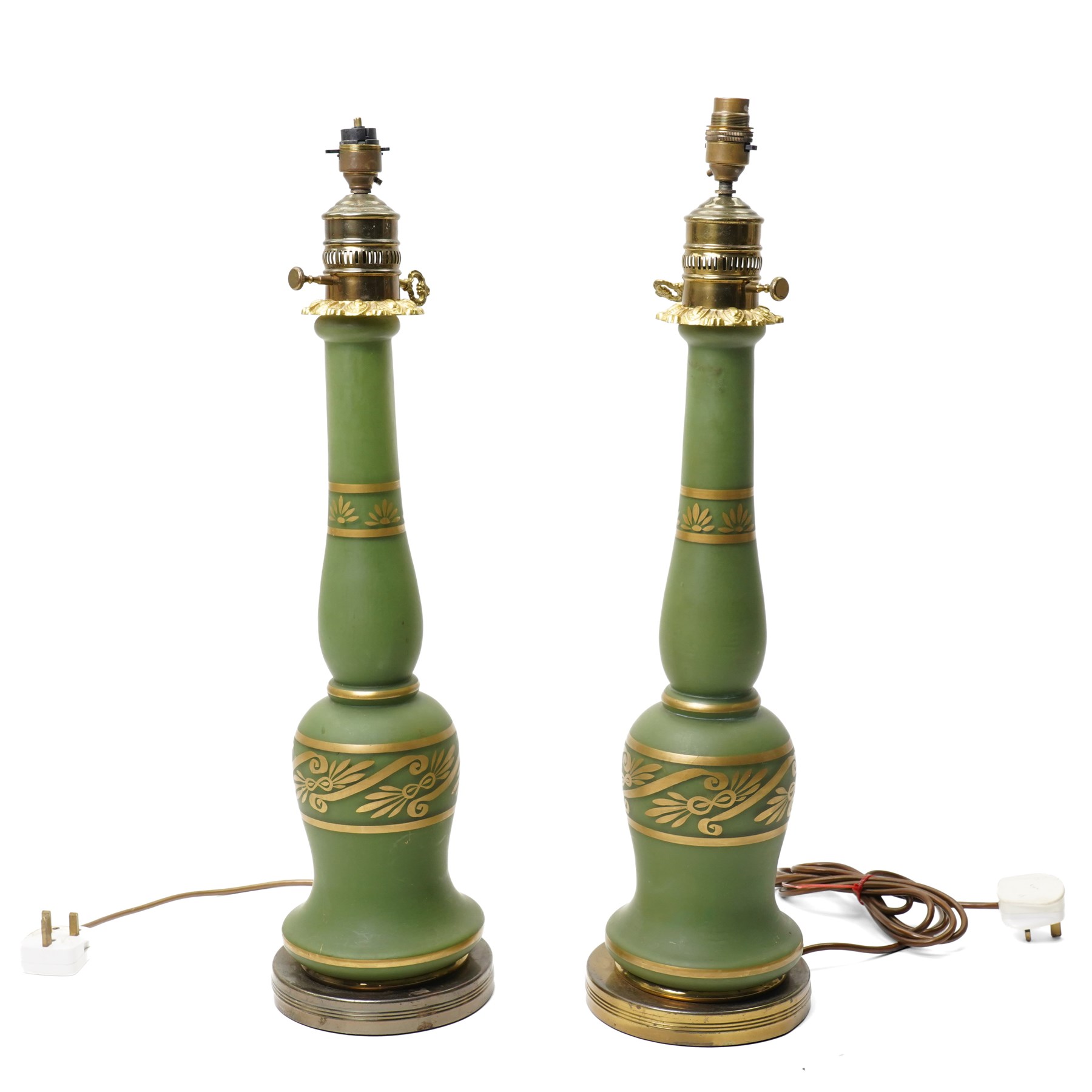 Pair of green frosted glass and gilt table lamps, H62cm 