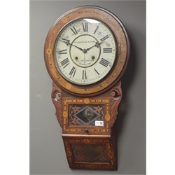  19th century inlaid walnut Tunbridgeware drop dial wall clock, 'Superior 8-Day... Anglo-American', dial signed E. Goodacre & Sons, Billingborough & Donington', H75cm  