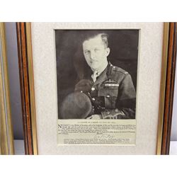 Early 20th century watercolour drawing of a WW1 Dog Fight over Suzanne Aerodrome, framed with a manuscript account of the encounter and initialled C.P. 4.9.18; modern gilt frame; and a framed publisher's promotional photographic print of Lt.-Colonel W.A. Bishop V.C., D.S.O., M.C., D.F.C., signed in the text (2)