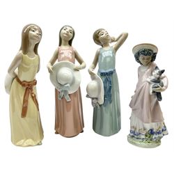 Four Lladro figures, comprising Prissy no 5010, The Dreamer no 5008, Naughty Girl no 5006 and My New Pet no 5529, three with original boxes, largest example H25cm