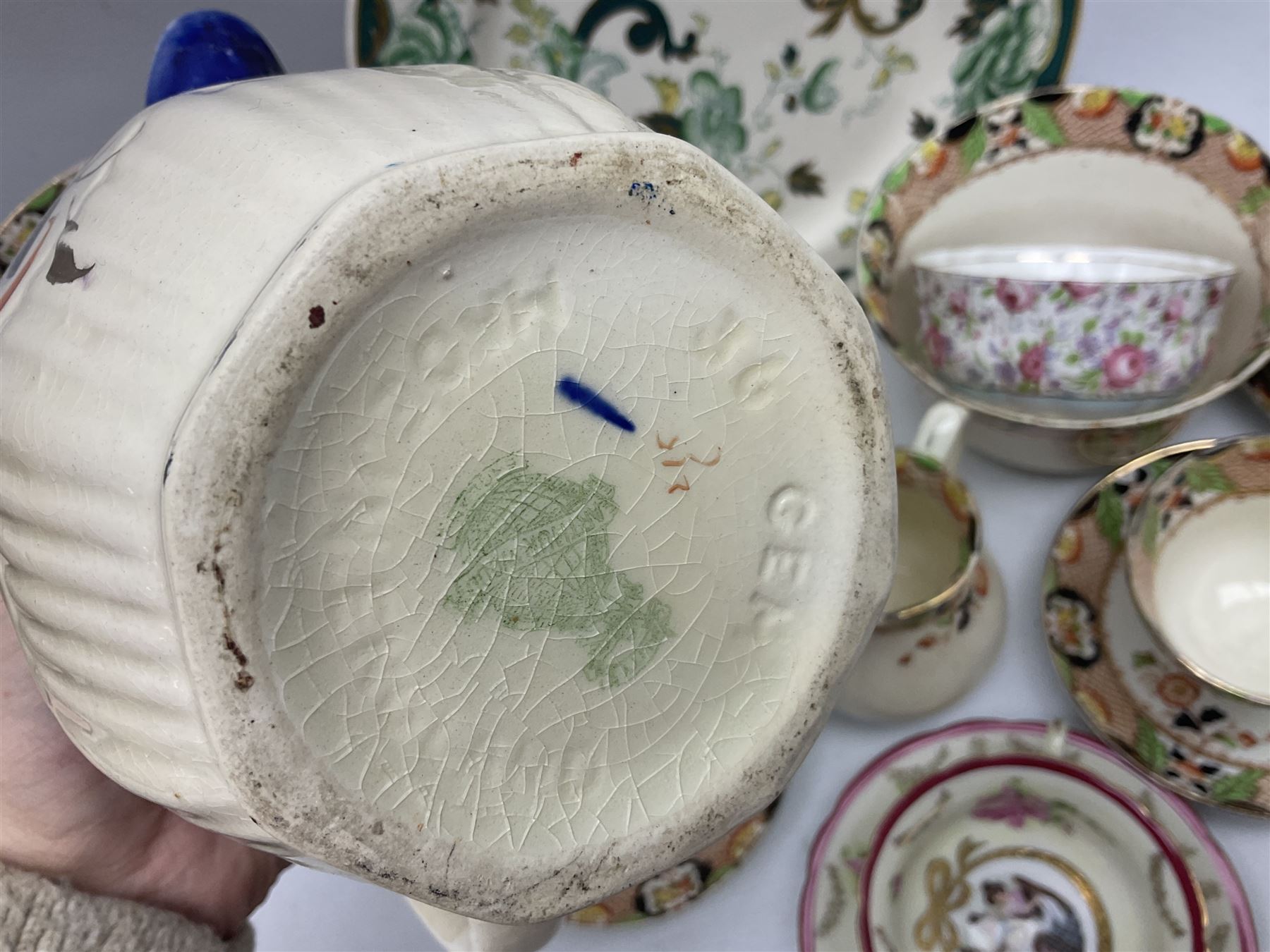 Calais Imari style part tea service, Mason's Chartreuse pattern plate, Arthur Wood Gaudy Welsh style coffee pot, and Victoria Ware teacup and saucer