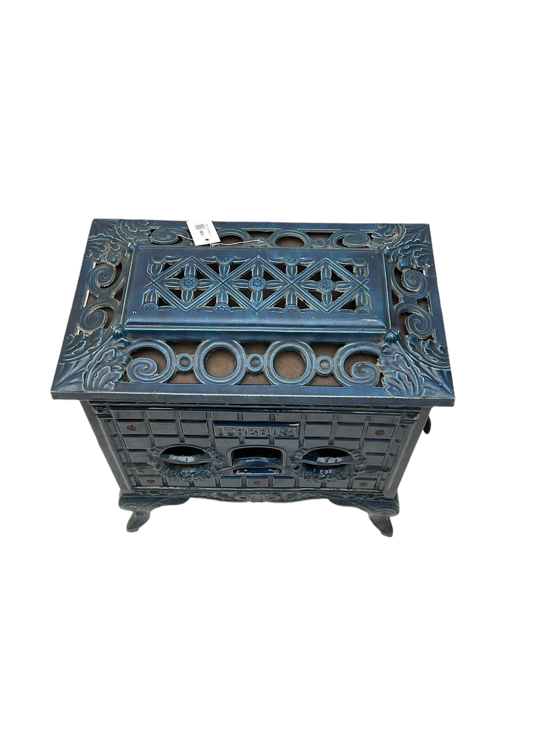 Poeles Nanquette - Art Deco 'Phebus' French enamel wood burning stove, indigo colour with pierced scrollwork decoration and acanthus leaves, on cabriole supports