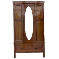 Edwardian inlaid mahogany wardrobe, oval mirror door, single drawer to base