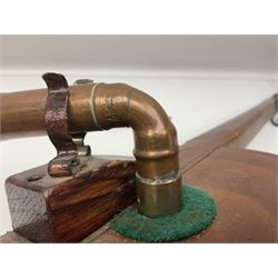 Fruitwood and elm single string phono fiddle with long neck and copper horn L76cm; and a violin bow (2)