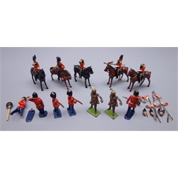  Britains Lancers, probably set 33 16th Lancers, officer turned in saddle with tin sword and four Lancers at halt, five various foot soldiers and two native archers  