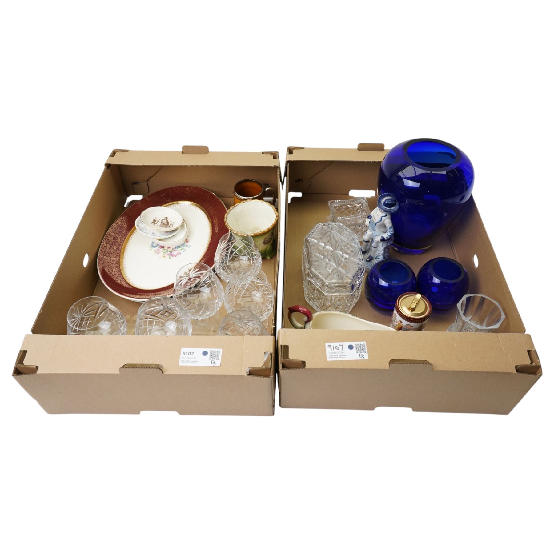 Three blue glass vases, six brandy balloons, Colibri table lighter, glass biscuit box and other items in two boxes