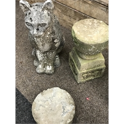 Collection of various stone and composite stone garden ornaments including; cat figure, stone two piece bird bath, Easter island head, tortoise etc.. (11)