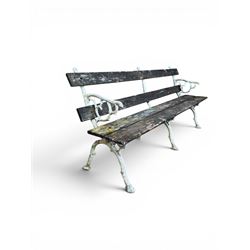 Early 20th century three section cast metal and wood slatted garden bench