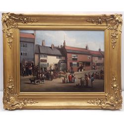 H Wheldon (19th century): High Street on the Road to Stockton with a Durham Fishmonger's Cart outside the Rose and Crown in the foreground, oil on canvas signed and dated 1848, 42cm x 57cm
