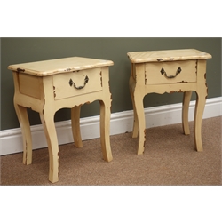 Pair small french style distressed painted wood stands with drawer, W35cm, H45cm