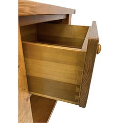 Pair of contemporary pine bedside tables, fitted with single drawer over open shelf, on turned supports