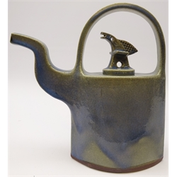  Tomas Anagrius (Swedish 1939-): slab built studio pottery 'kettle' with bird finial with pale blue crackle glaze, signed to base, H30cm   