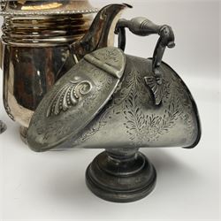 19th century silver plated coffee pot, of bellied form with fruitwood handle and finial, together with a silver plated novelty sugar bowl i the form of a coal scuttle and a pair of silver plated embossed vases, coffee pot H20cm