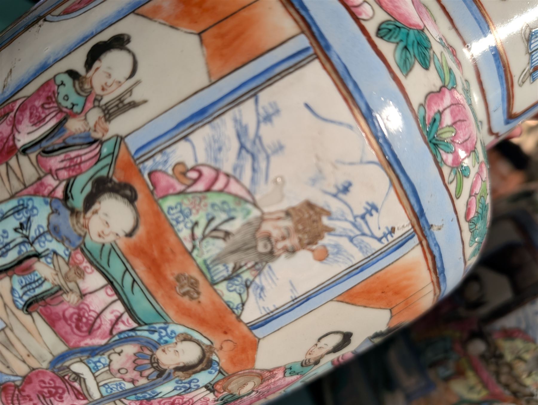 Pair of Chinese Canton famille rose vases, with panels of court terrace scenes surrounded by foliate borders, H35cm 