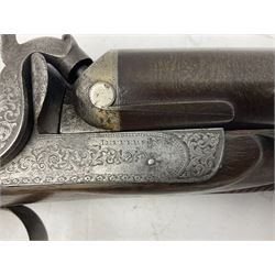 19th century John Jefferson of Scarborough 6-bore (modern 4-bore) double barrel side-by-side percussion gun, with 81cm stub twist damascus barrels (no provision for ramrod), well figured walnut stock with fine chequered grip and fore-end with horn tip and steel butt plate with long tang, well engraved lock and hammers with half-cock safeties on both sides, barrel sling swivel but rear sling swivel removed and replaced with silver escutcheon, London proofmarks, NVN, L128cm