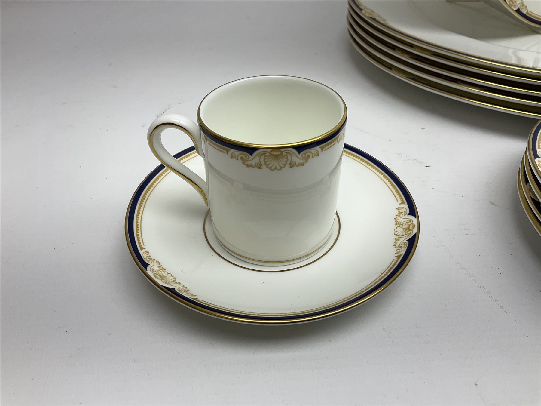 Wedgwood Cavendish pattern dinner service for twelve, comprising dinner plates, side plates, bowls, soup bowls, two tureens, saucer boat and sauce, together with matching part coffee service (82) 