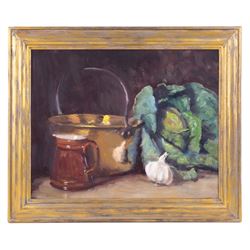 Neil Tyler (British 1945-): 'Brass Pan and Cabbage', oil on canvas signed, titled verso 40cm x 50cm 
