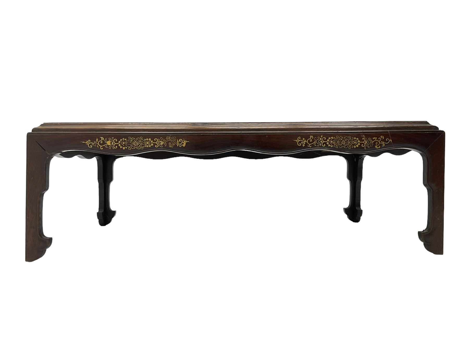19th century rosewood opium table, rectangular top with moulded edge, the shaped apron decorated with applied brass scrolling foliate detail, raised on shaped supports with stylised leaf feet and cockbeaded edge