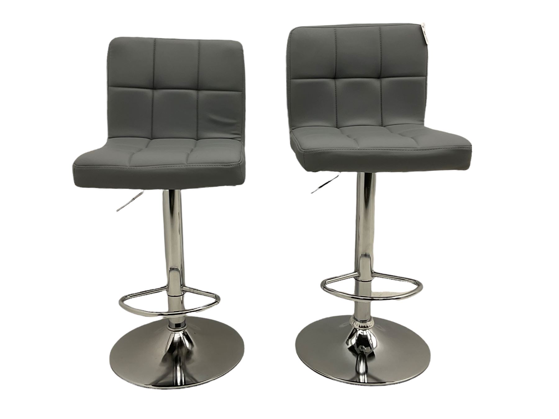 Pair contemporary bar stools, upholstered in grey, on polished metal base