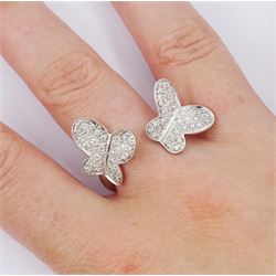 18ct white gold pave set diamond butterfly suite including ring, pair of stud earrings and pendant / brooch, all stamped 750