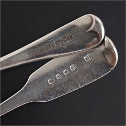 Pair of silver table spoons engraved with initials,  Sheffield 1926 Maker Pinder Bros. George III table spoon London 1803 and three other 19th century table spoons, various dates and makers