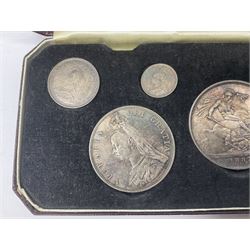 Queen Victoria 1887 silver coin set, comprising threepence, sixpence, shilling, one florin, double florin with Arabic 1 in date, halfcrown and crown, housed in a modern case