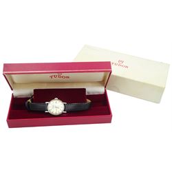 Tudor Princess Date ladies self-winding stainless steel wristwatch, with date aperture, back case stamped 5901 589747, on black leather strap, boxed