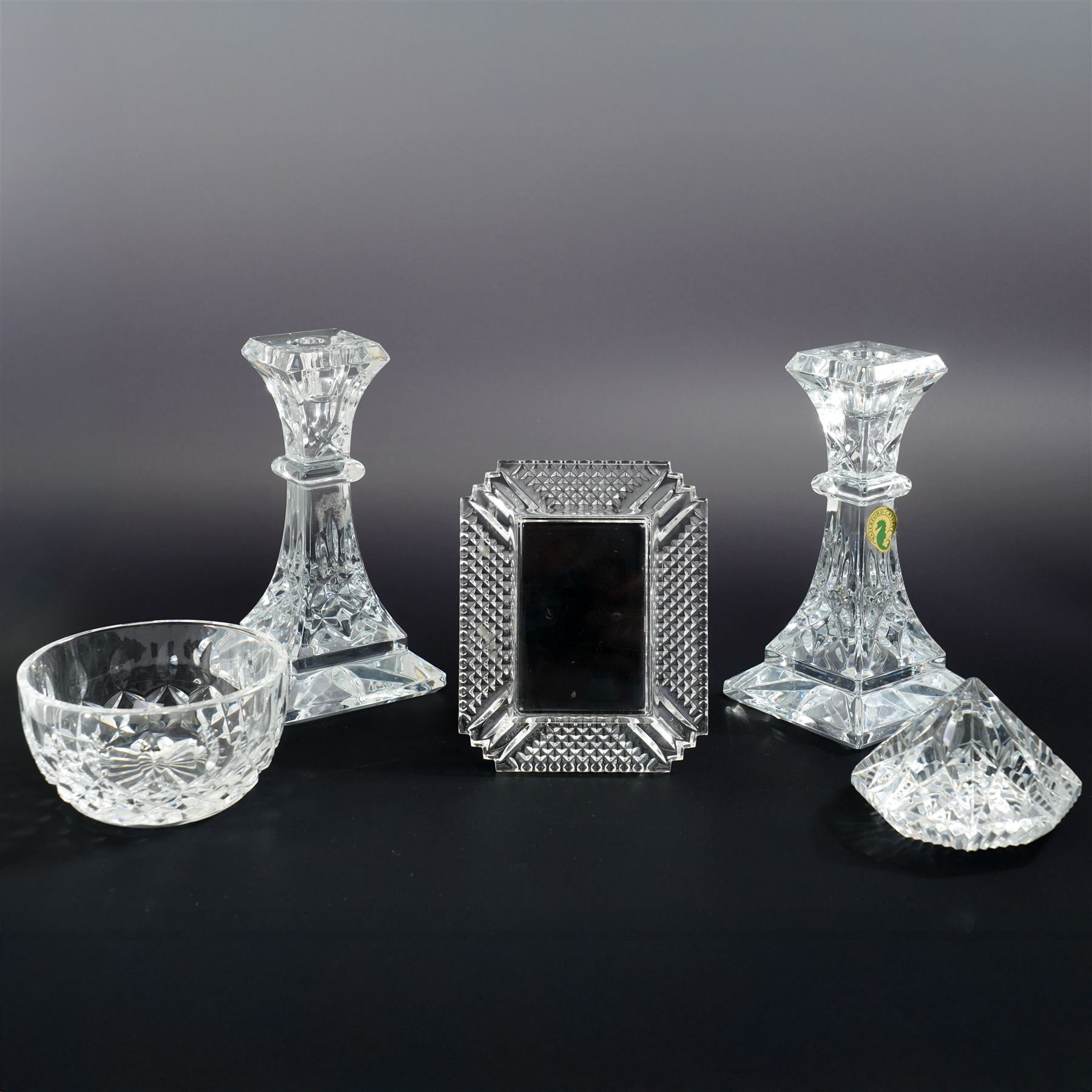  Waterford glass items including pair of Lismore pattern candlesticks H16cm, Makefield pattern photograph frame 12cm x 10cm, cone shape octagonal paperweight and a finger bowl