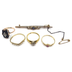  9ct gold sappphire and seed pearl bar brooch stamped 9ct, two diamond rings, onyx and diamond ring and a ruby ring all hallmarked 9ct   