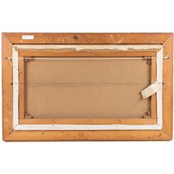 English School (20th Century): Stream near Red Roofed Houses, oil on canvas unsigned, attributed to a William Thornton of Reigate verso, 40cm x 70cm 