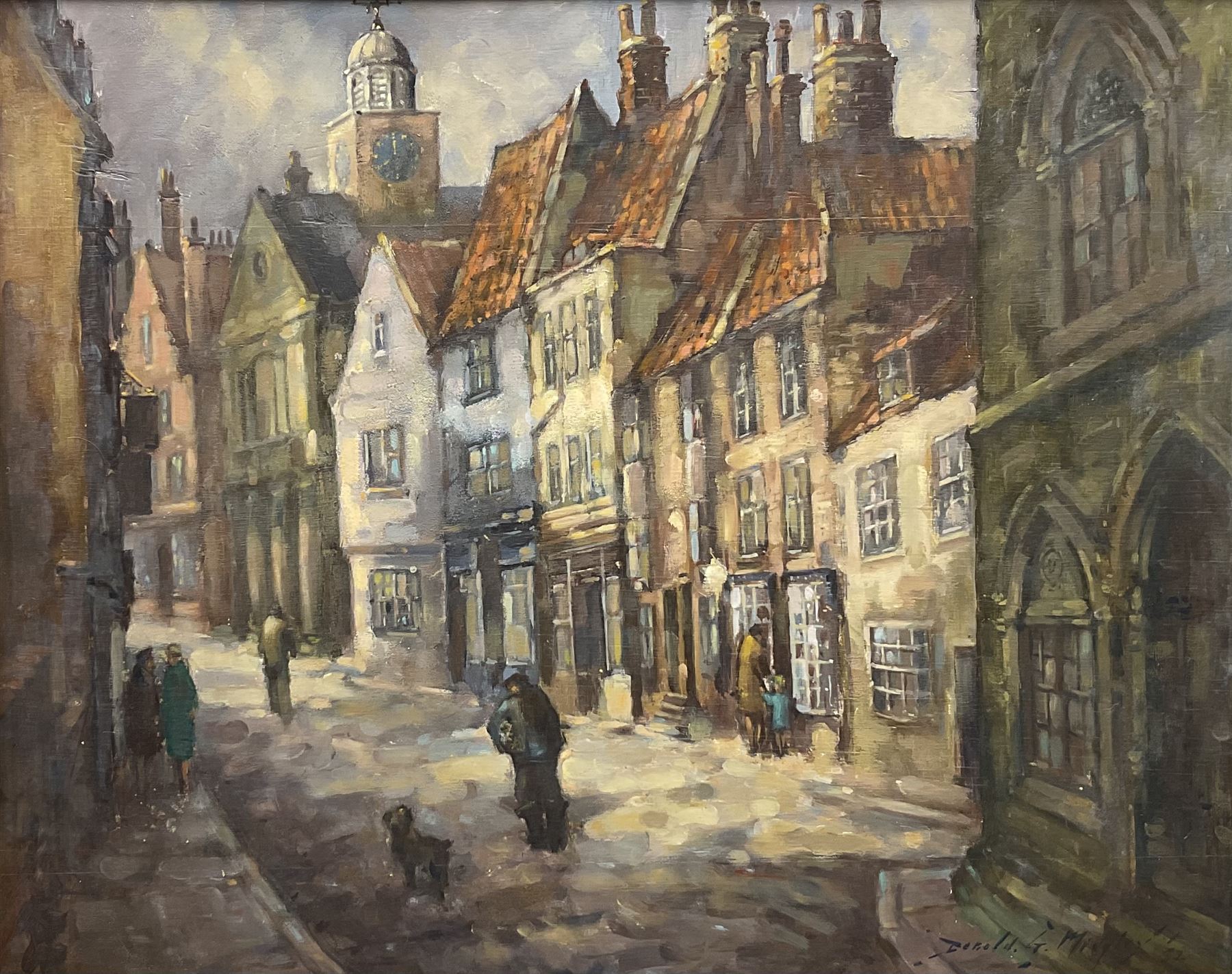 Donald Gray Midgely (British 1918-1995): 'Church Street in Winter - Whitby North Yorkshire', oil on board signed and dated '72, titled verso 39cm x 50cm 
Notes: Midgley was born in Halifax, moved to Whitby after his mother Lottie died. Lived at 2 Salt Pan Steps.