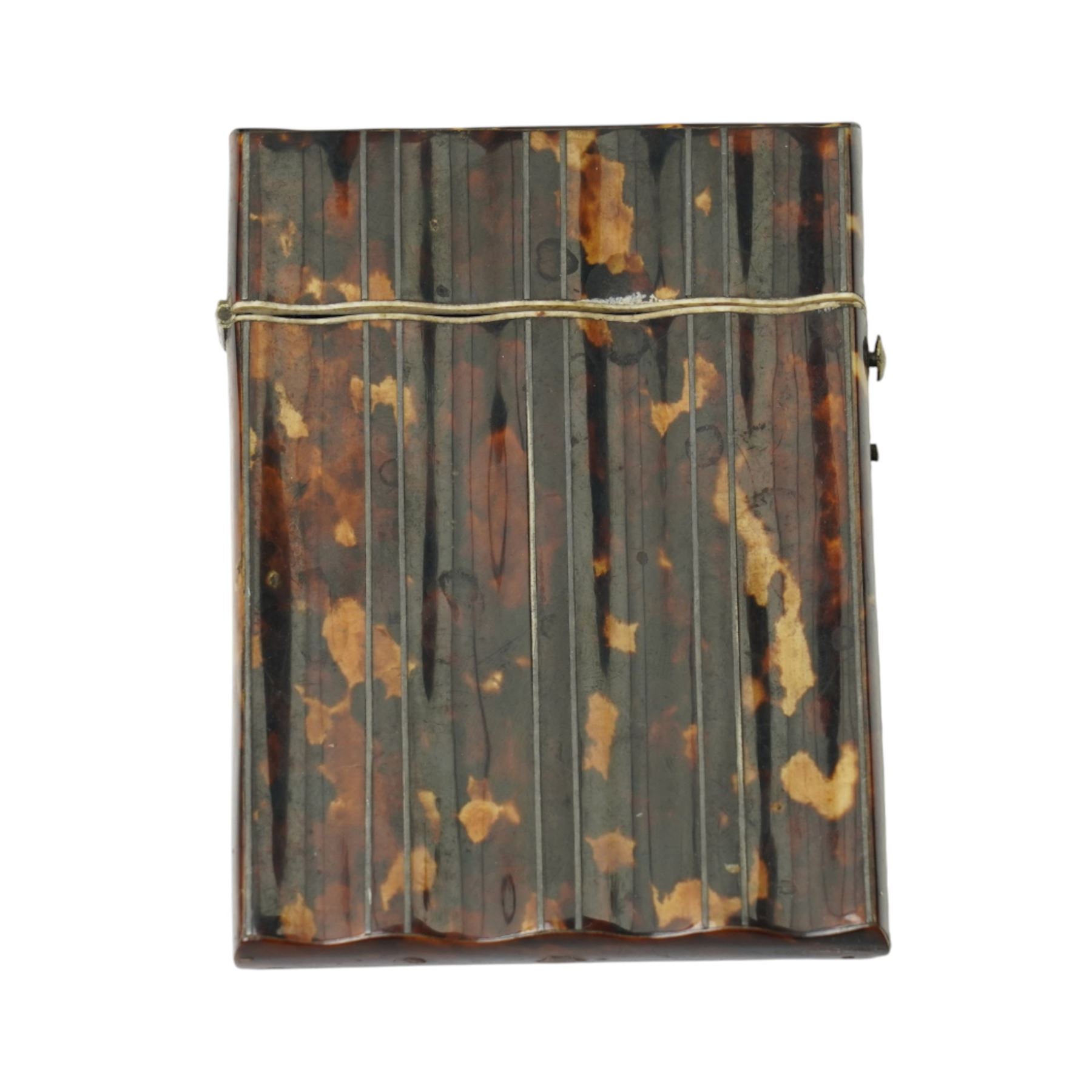 Victorian brass and black japanned microscope with accessories in original mahogany box; snuffing scissors and card case