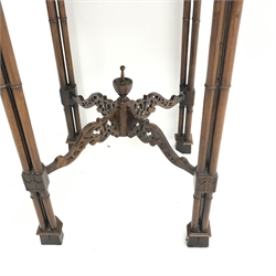 Chippendale style mahogany fretwork stand, single slide, turned supports joined by pierced stretcher with central finial, W35cm, H69cm, D35cm