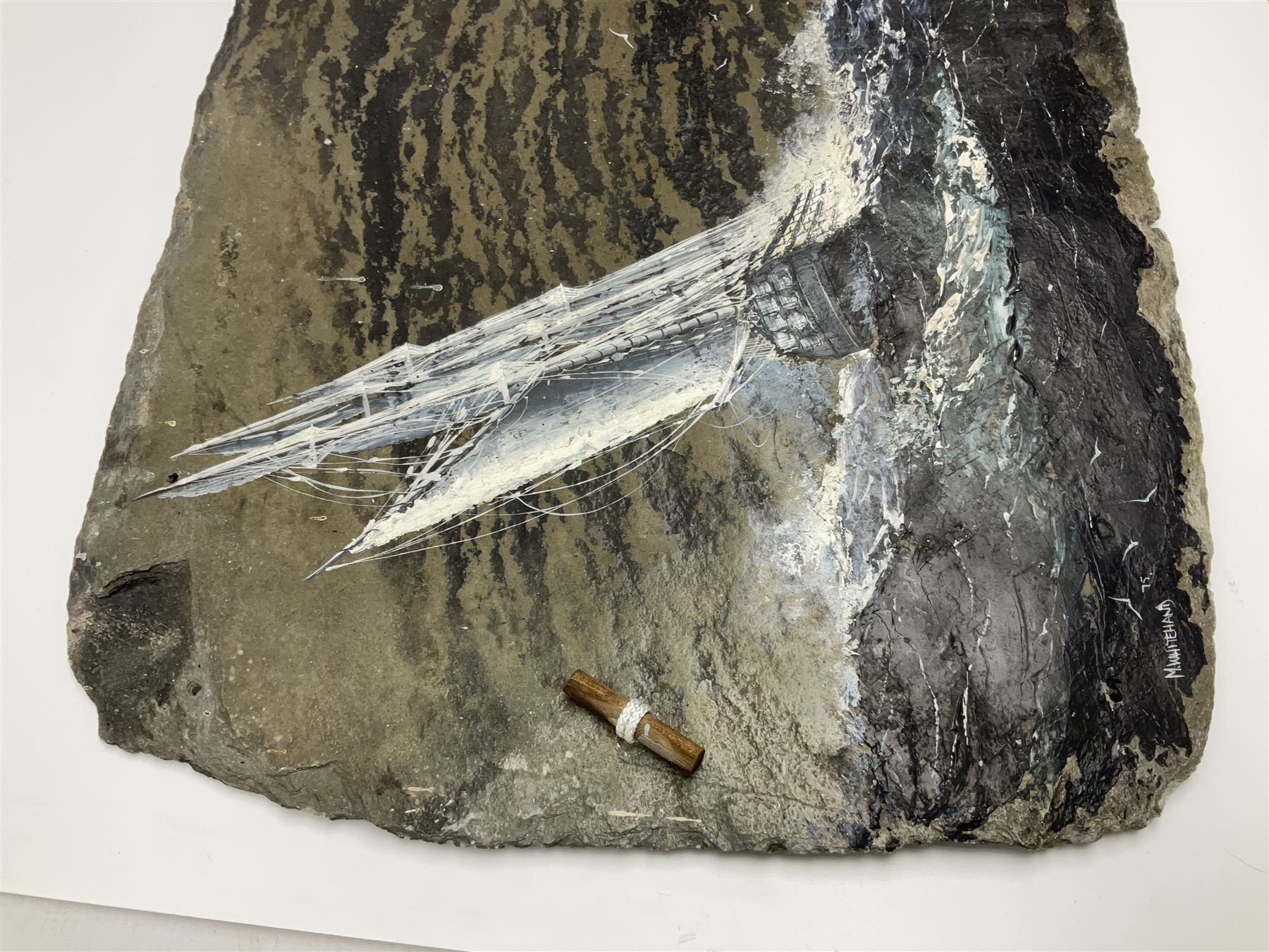 Michael J Whitehand (British 1941-): Three oil paintings of ships on slate signed, largest H40cm, L75cm