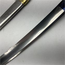 Early 19th century French Lancers officer's sword c1810, the 84cm curving fullered blade retaining most of its bluing, gilding and engraved decoration, inscribed I.S.& C. to ricasso (for Schimelbusch), brass three-bar hilt with elongated elliptical langets and wire-bound leather grip; in polished steel scabbard with two brass suspension rings L100cm overall