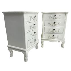 Pair of French design white painted serpentine bedside chests, fitted with four drawers each decorated with applied swags with flower heads, on cabriole supports