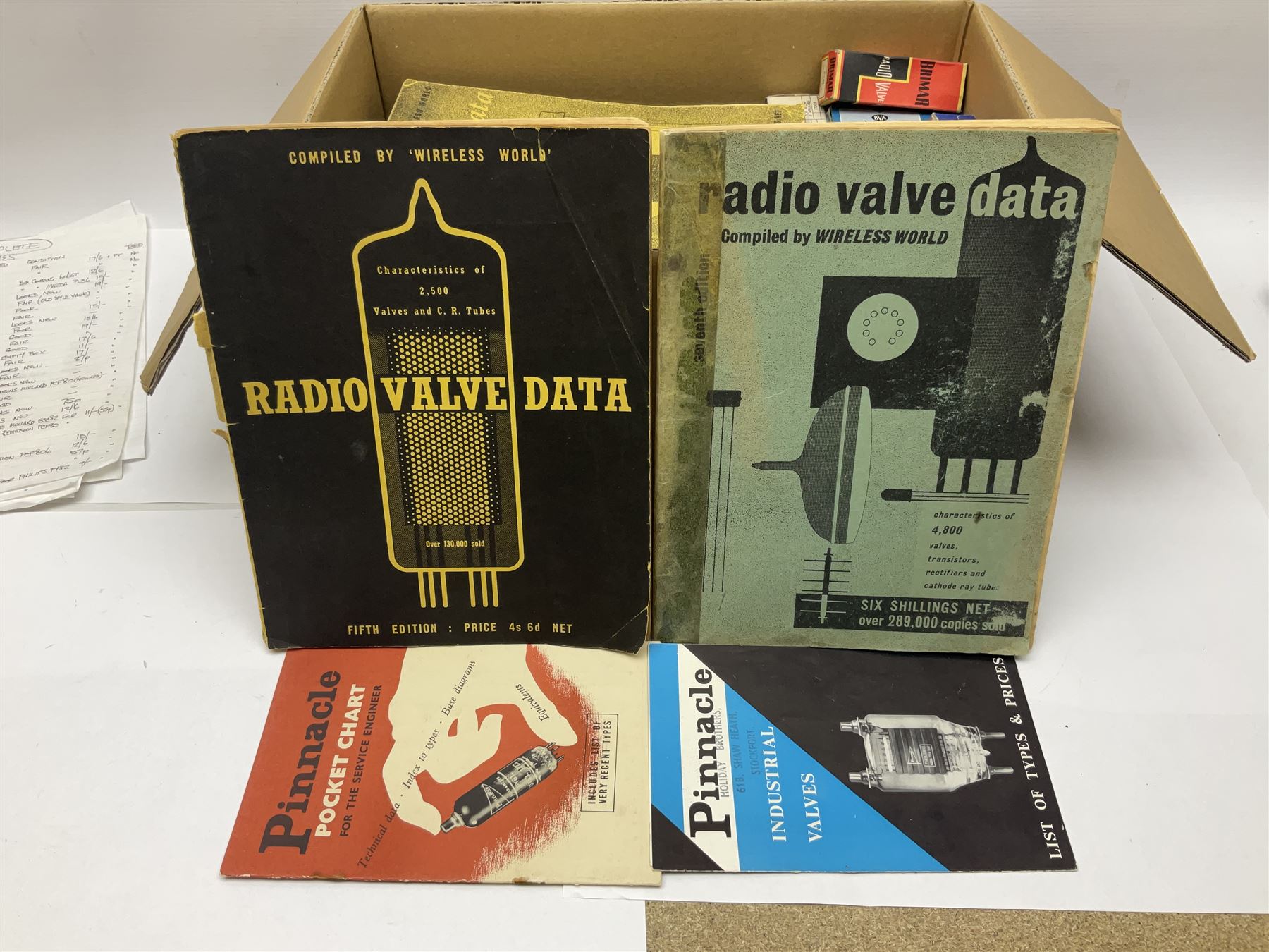 Collection of over one hundred thermionic vacuum tubes/valves, including Mullard, Brimar, Mazda and Marconi examples, some with boxes, together with three editions of Radio Valve Data compiled by Wireless World